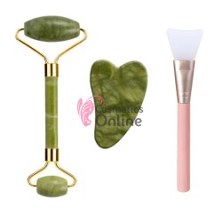 Piatra de jad pentru masaj Cod JD009EE Natural Verde Quart cu 2 piese + 1 Spatula cosmetica